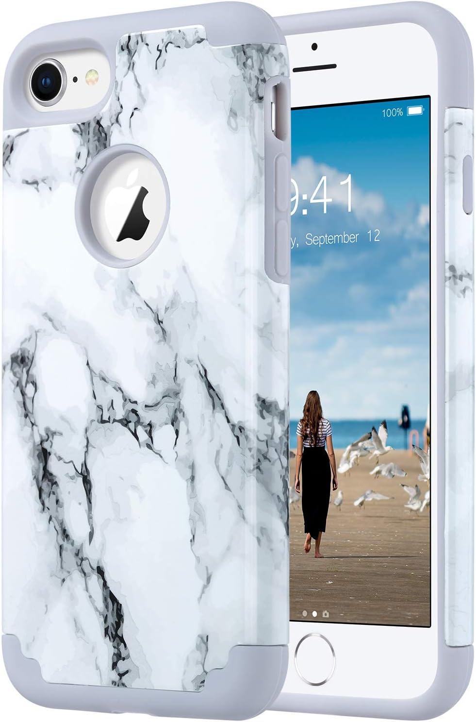 ULAK iPhone 8 Case Marble, iPhone 7 Case, Slim Fit Dual Layer Soft Silicone & Hard Back Cover Bumper Protective Shock-Absorption & Skid-Proof Anti-Scratch Case, Marble