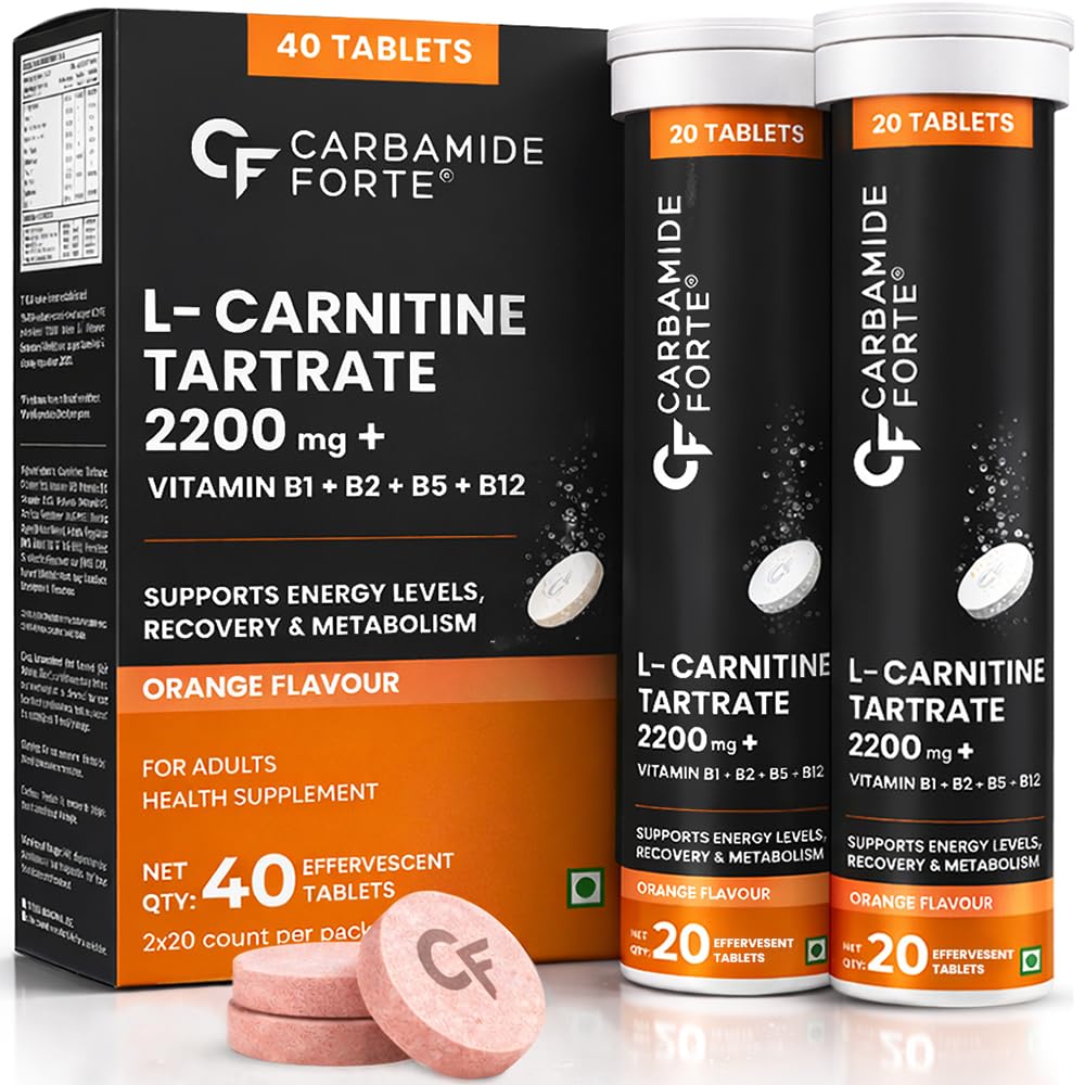 L Carnitine Effervescent 2200mg | L Carnitine Tablets with B-Complex Vitamins | LCarnitine to support Fat Metabolism & Energy Support | Orange Flavour | 40 Effervescent Tablets