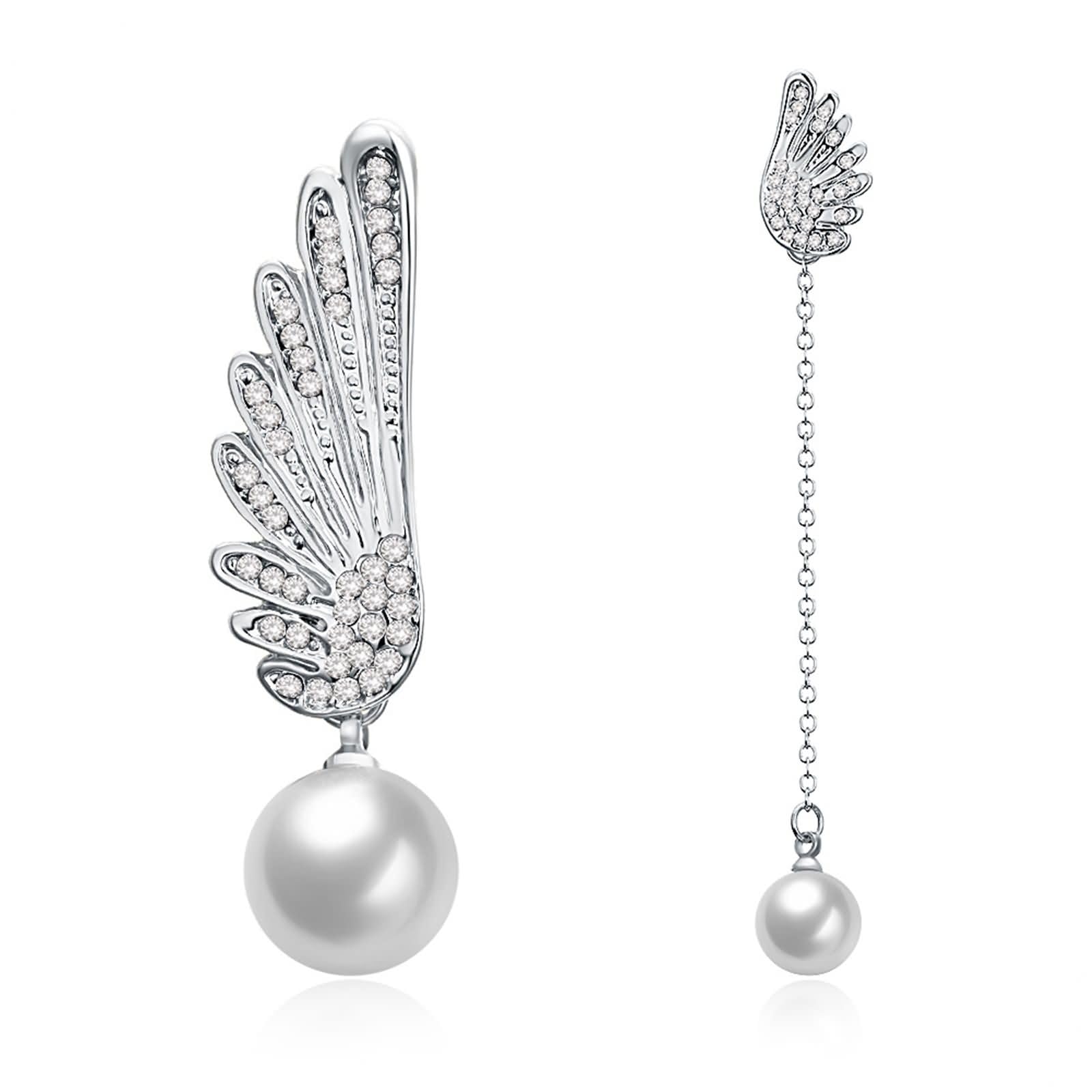 Oro Bianco Orecchini Donna 9 K / 14 K / 18 K, Ala e Perla con Diamante, Orecchino Donna a Pendente Argento