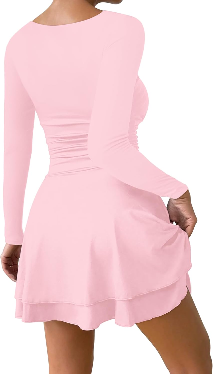 IWD Women's Square Neck Long Sleeve Mini Dress Ruched Corset Waist Tiered Ruffle Hem A Line Short Party Dresses - Image 4