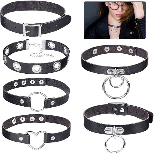 BEHAHAI 6 PCS Black Leather Choker O Ring Vintage Gothic Punk Choker Fancy Dress Rock Choker Necklace PU Leather Collar Choker For Women Men Accessory