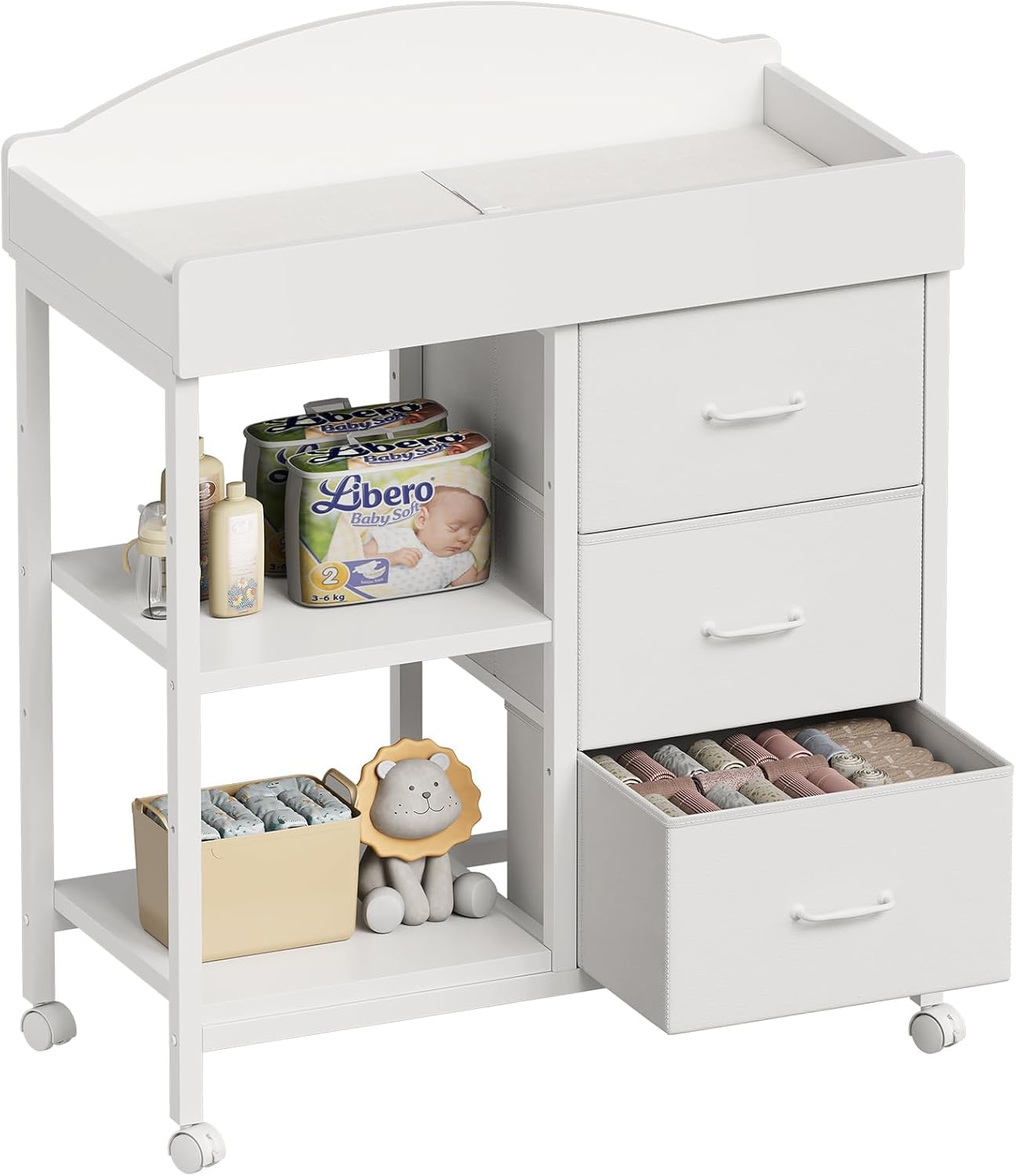 YeTom Changing Table, Baby Dresser with 3 Drawers and 2 Shelves, Multi-Functional Baby Changing Table with Pad, Classic Nursery Dresser, Diaper Changing Station, White (White)