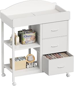 YeTom Changing Table, Baby Dresser with 3 Drawers and 2 Shelves, Multi-Functional Baby Changing Table with Pad, Classic Nursery Dresser, Diaper Changing Station, White (White)