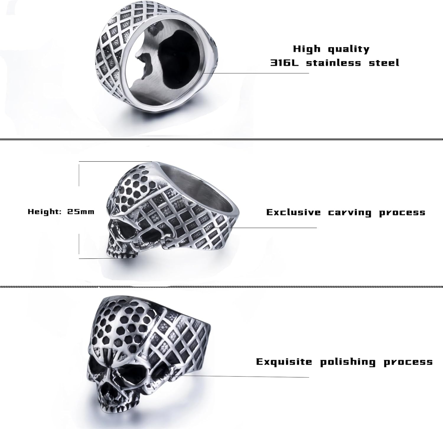 Gothic Skull Rings for Men Stainless Steel Vintage Silver Skeleton Cocktail Party Biker Ring, Size 8-13 - Image 2