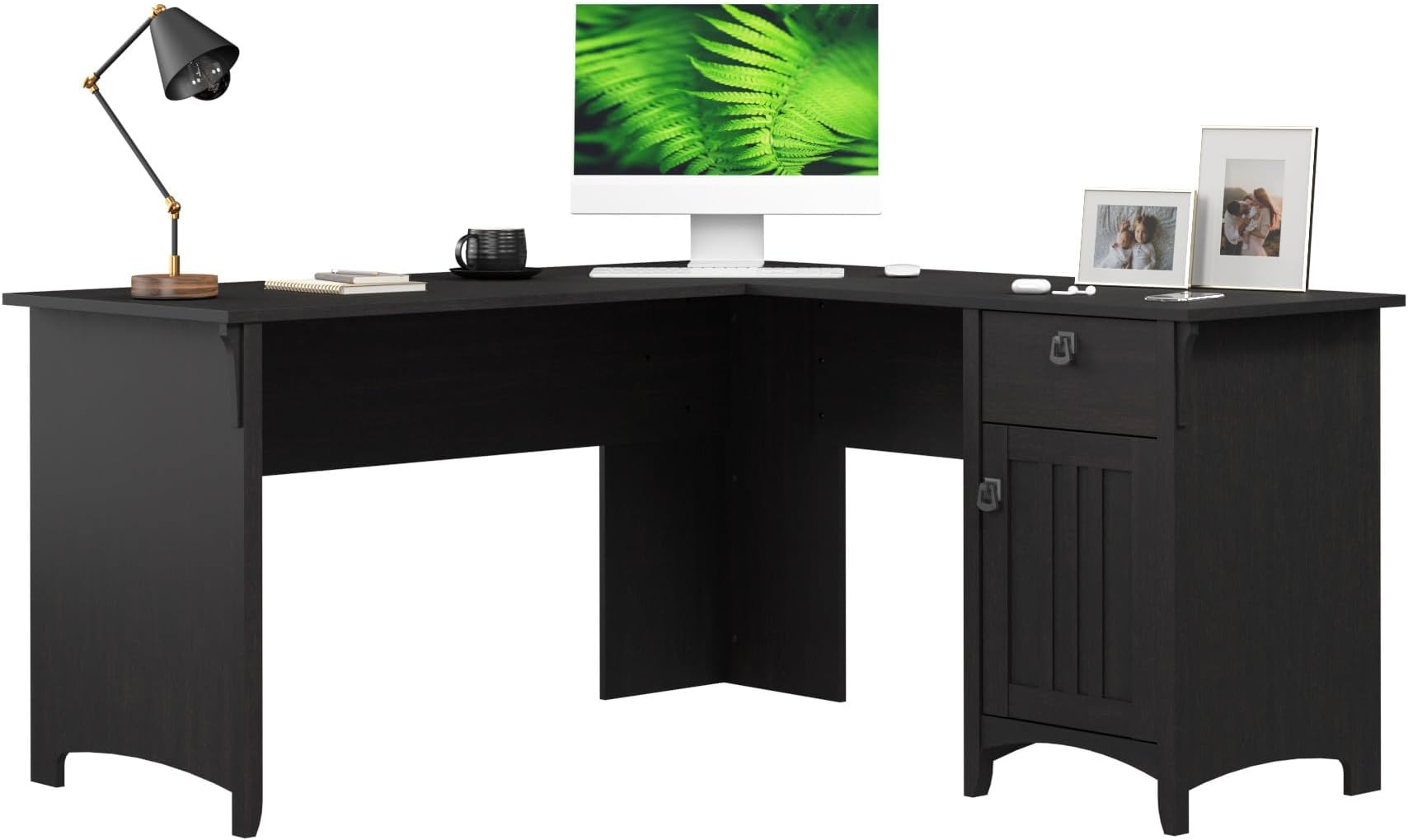 Bush Home L Shaped Desk with Storage for Home Office, Modern Farmhouse Corner Table with Drawers and Cabinets, Salinas Collection, Vintage Black