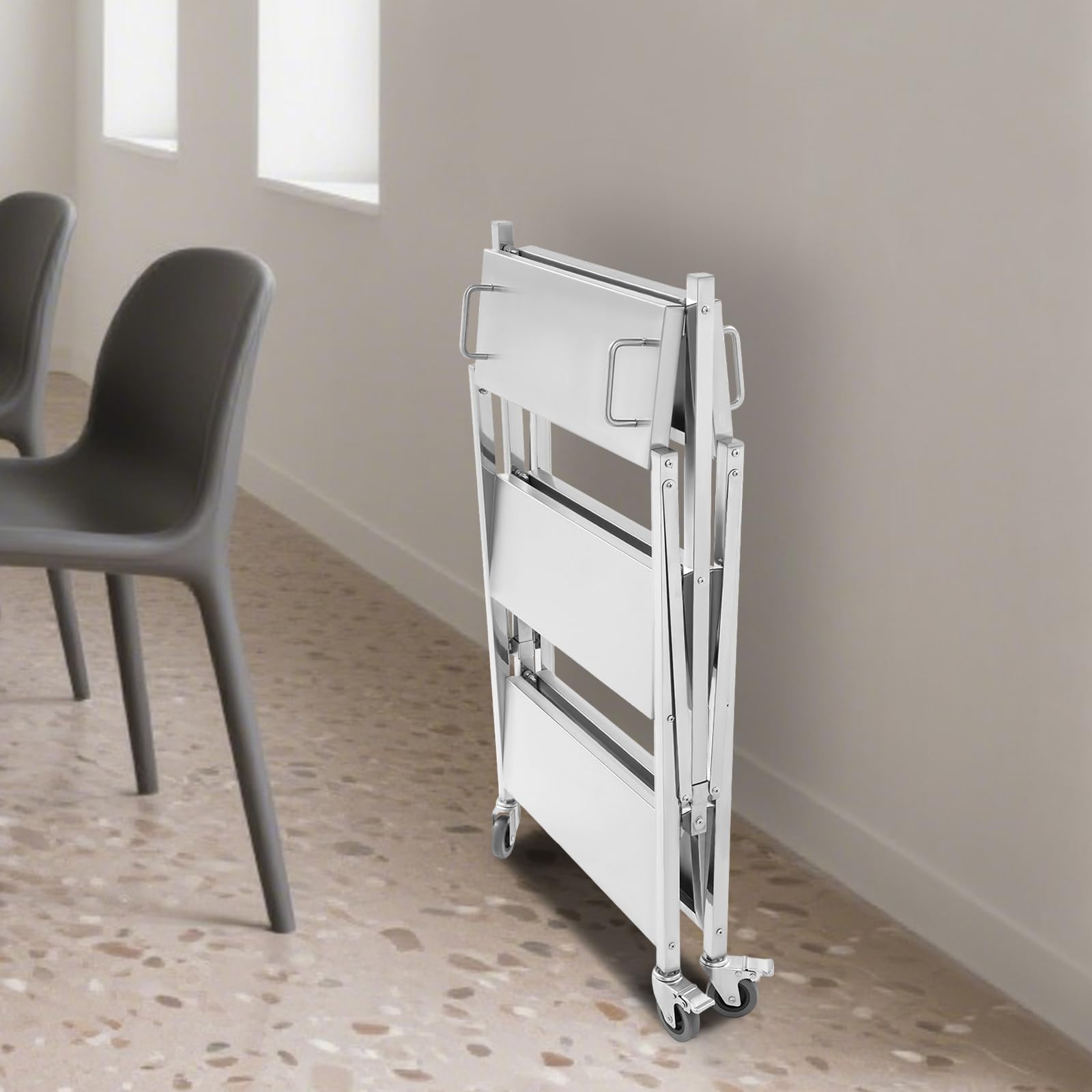 Carro de servicio de acero inoxidable 3 niveles, carro de cocina plegable con ruedas y frenos, capacidad 100 kg, para cocina, restaurante, hotel