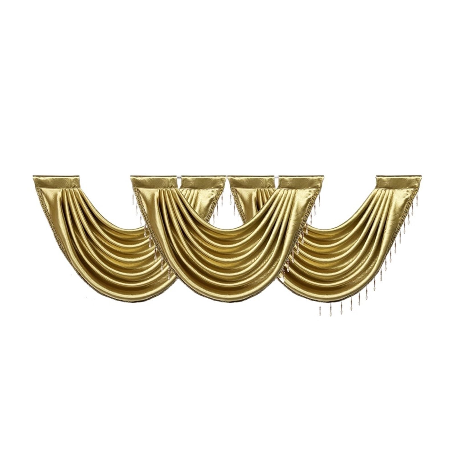 ZHOUXYFDC Swag Valance For Windows Gold Waterfall Valance Tier Curtain For Livingroom Luxury Beaded Jacquard Rod Pocket Scallop Header For Window Panel Drapes(3PCS-76x56cm)