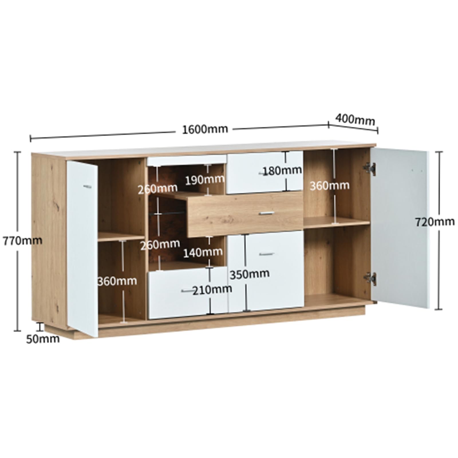 Credenza Moderna Illuminata A Led Con Ampio Spazio Per Riporre Gli Oggetti - Finitura Con Venature Del Legno Bianco - 160x40x77 Cm - 2 Ante, 4 Cassetti, Ripiano In Vetro - Mobili Versatili Per Il Sogg