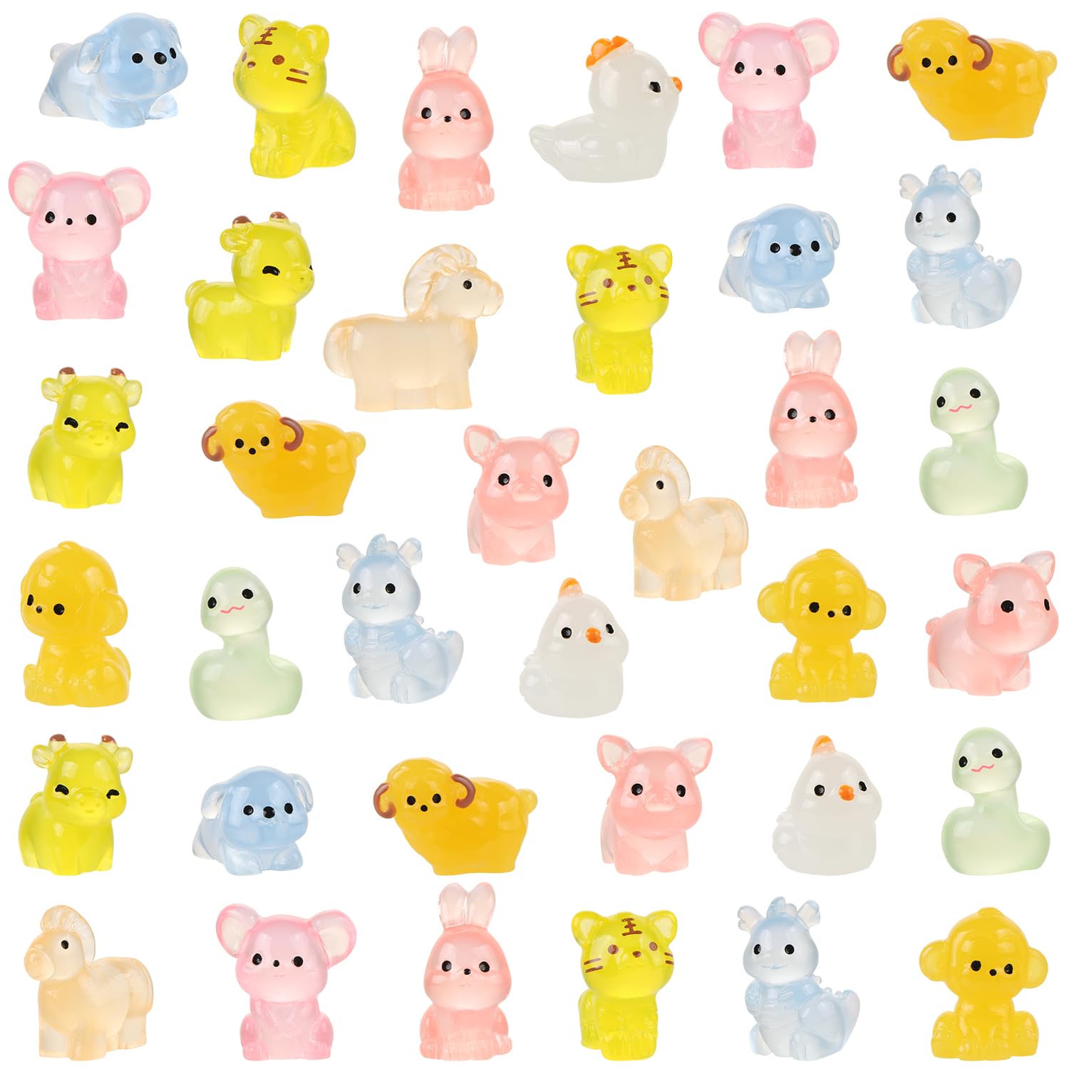 UHOMENY 36pcs Mini Resin 12 Style Animals, Luminous Tiny Statue Cute Rabbits Sheep Dogs Figures Colorful Glowing Resin Animals for Miniature Landscape Doll House Aquarium Garden Home Party Decor