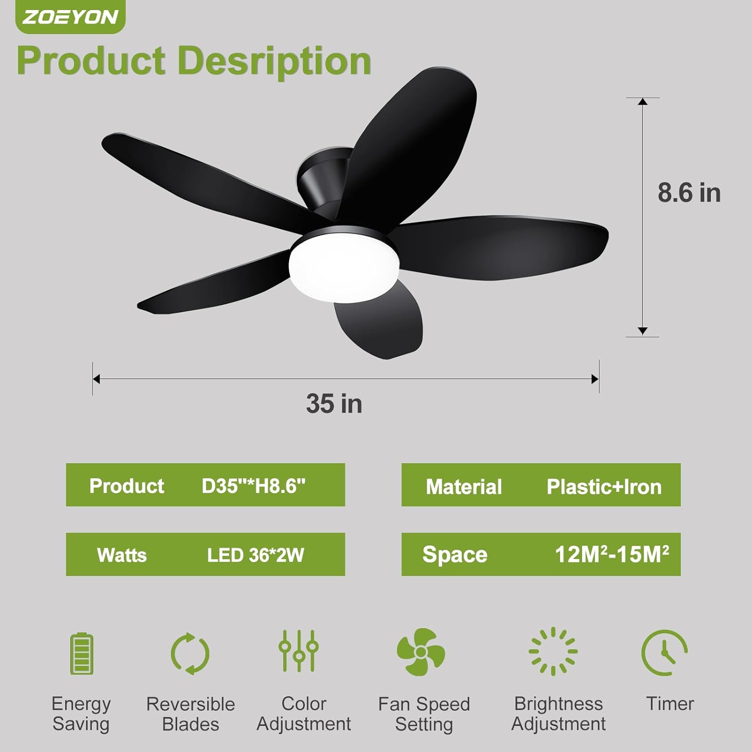 Small Ceiling Fan with Light - 35 Inch Flush Mount Ceiling Fan with Lights and Remote, Low Profile Ceiling Fans with 5 Reversible Blades, 6 Wind Speeds, Black Ceiling Fans for Bedroom