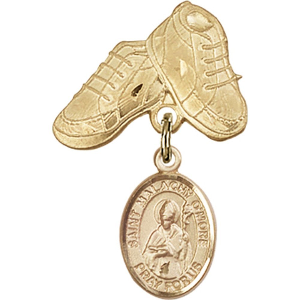 14kt Yellow Gold Baby Badge with St. Malachy O'More Charm and Baby Boots Pin 1 X 5/8 inches