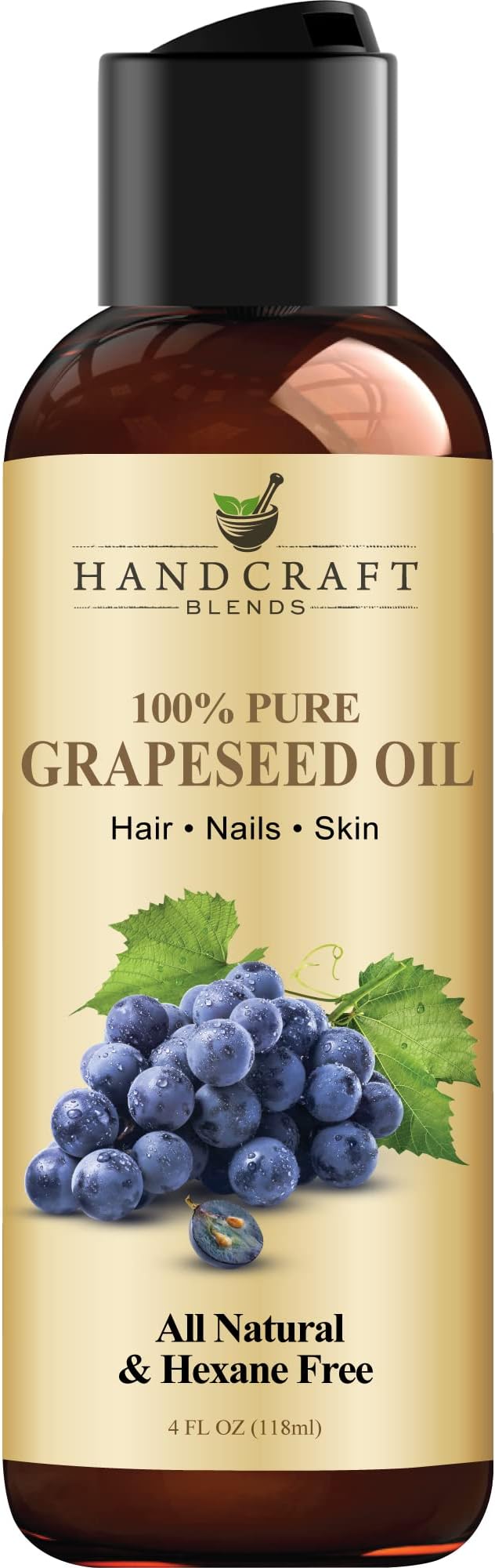 Grapeseed Oil - Cold-Pressed 4 Fl Oz - 100% Pure and Natural - Premium Grade Carrier Oil for Skin and Hair - Hair and Body - Massage - Hexane-Free