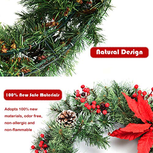 Goplus Cordless Artificial Christmas Wreath, Pre-Lit Snow Flocked Wreath With 50 Led Lights, Timer, Poinsettias Flowers, Pine Cones And Red Berries, Battery Operated For Frontdoor Wall Window #TOP2