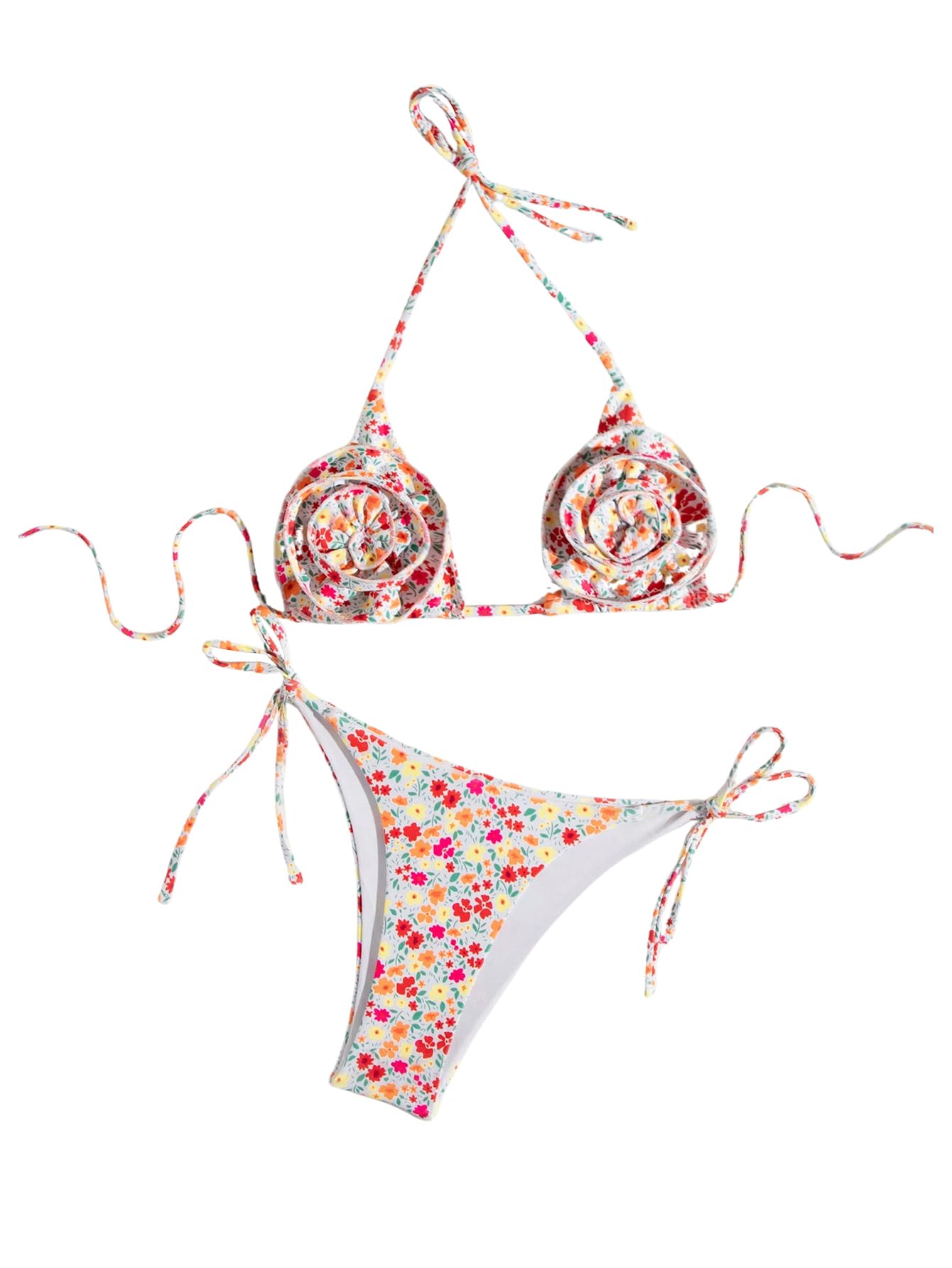 Damski 2-częściowy zestaw bikini z kwiatowym nadrukiem 3D kwiatowy wiązany na szyi strój kąpielowy wielokolorowy mały