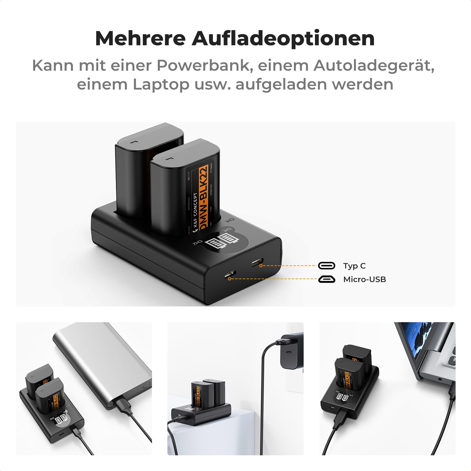 K&F CONCEPT DMW-BLK22 Akku 2er-Pack 2400mAh + LCD Dual-Slot-Ladegerät, voll entschlüsselt kompatibel mit Panasonic Lumix DC-S5 S5 II GH5 II GH6 S5M2, 7,4V/8,4V