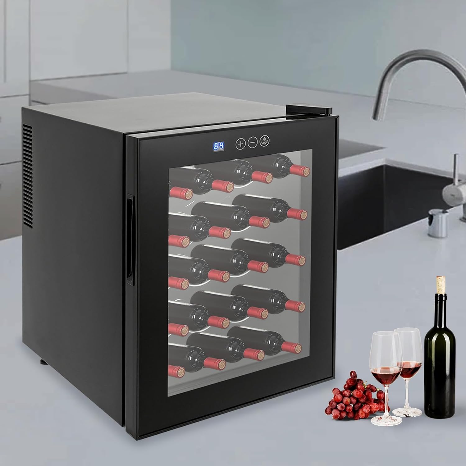 20 Bottle Compressor Wine Cooler Refrigerator, 48L Large Freestanding Wine Cellar LED Display Black Wine Cooler with 4 Shelves & 220° Door Opening Angle 53f-64f Digital Temperature Control Glass Door