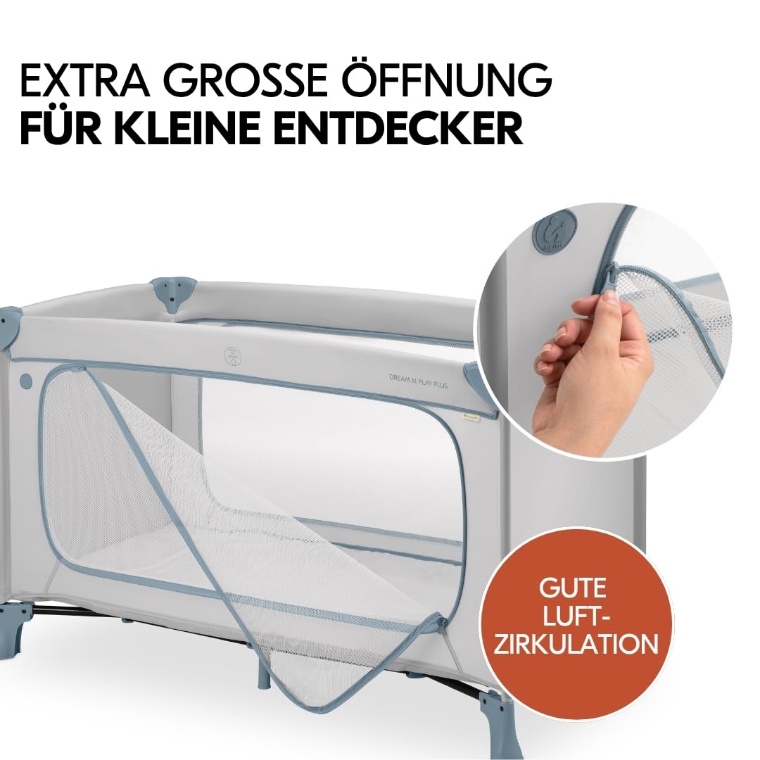 Hauck Baby Reisebett Set Dream n Play Plus inkl. Matratze & Insektenschutz – faltbares Kinder Reisebett mit großem Seiteneingang, Dusty Blue