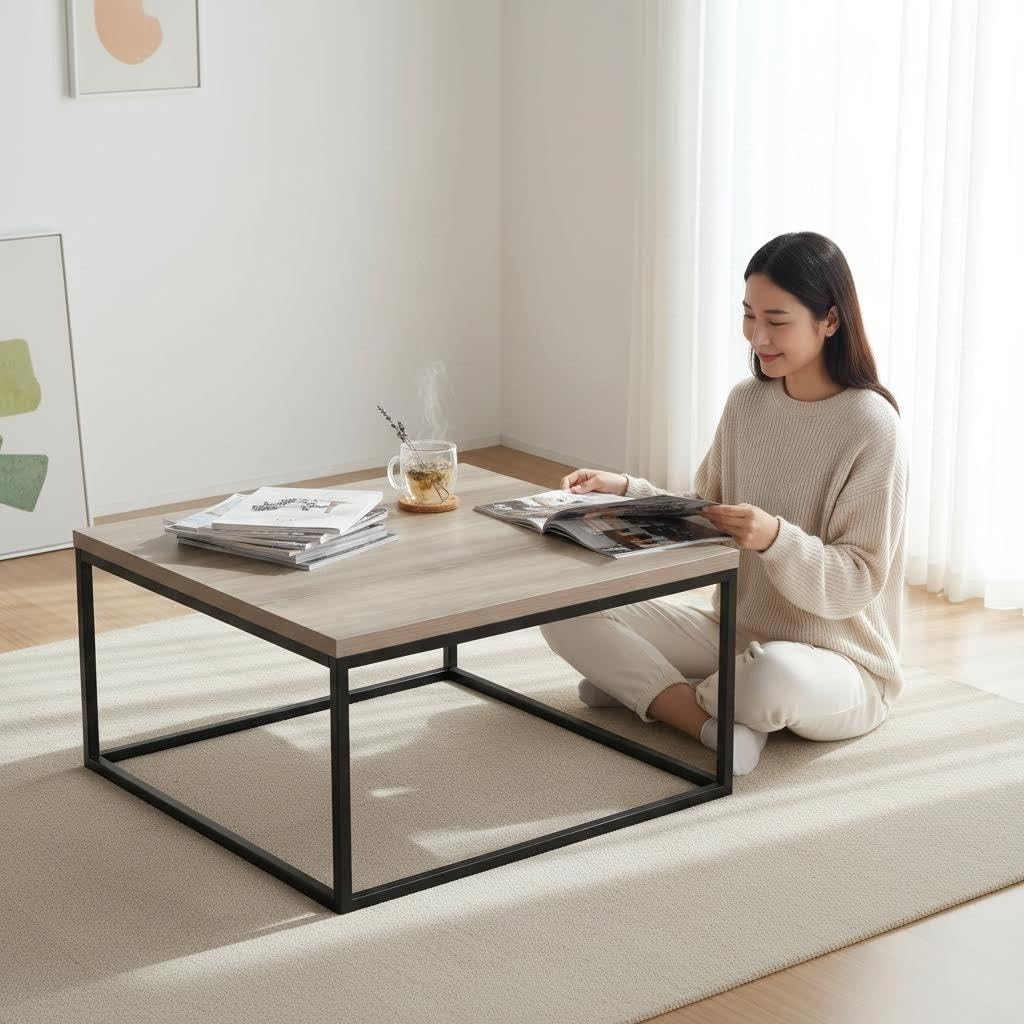 CENSI 30" Square Coffee Table, Grey Wash French Oak Wood Center Table for Living Room, Modern Industrial Metal Frame, Extra Thick 1.2" Top, Rustic Farmhouse Cocktail Table, Easy Assembly