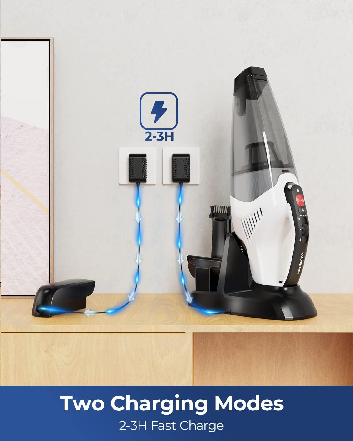VAKERR Handheld Vacuum Cordless Cleaner, 15KPA Strong Suction Car Vacuum with LED, 2H Fast Charge with 45 Mins Runtime, 2 Modes Rechargeable Detachable Battery, 1L Dust Cup for Home Pet &Car Cleaning : Automotive