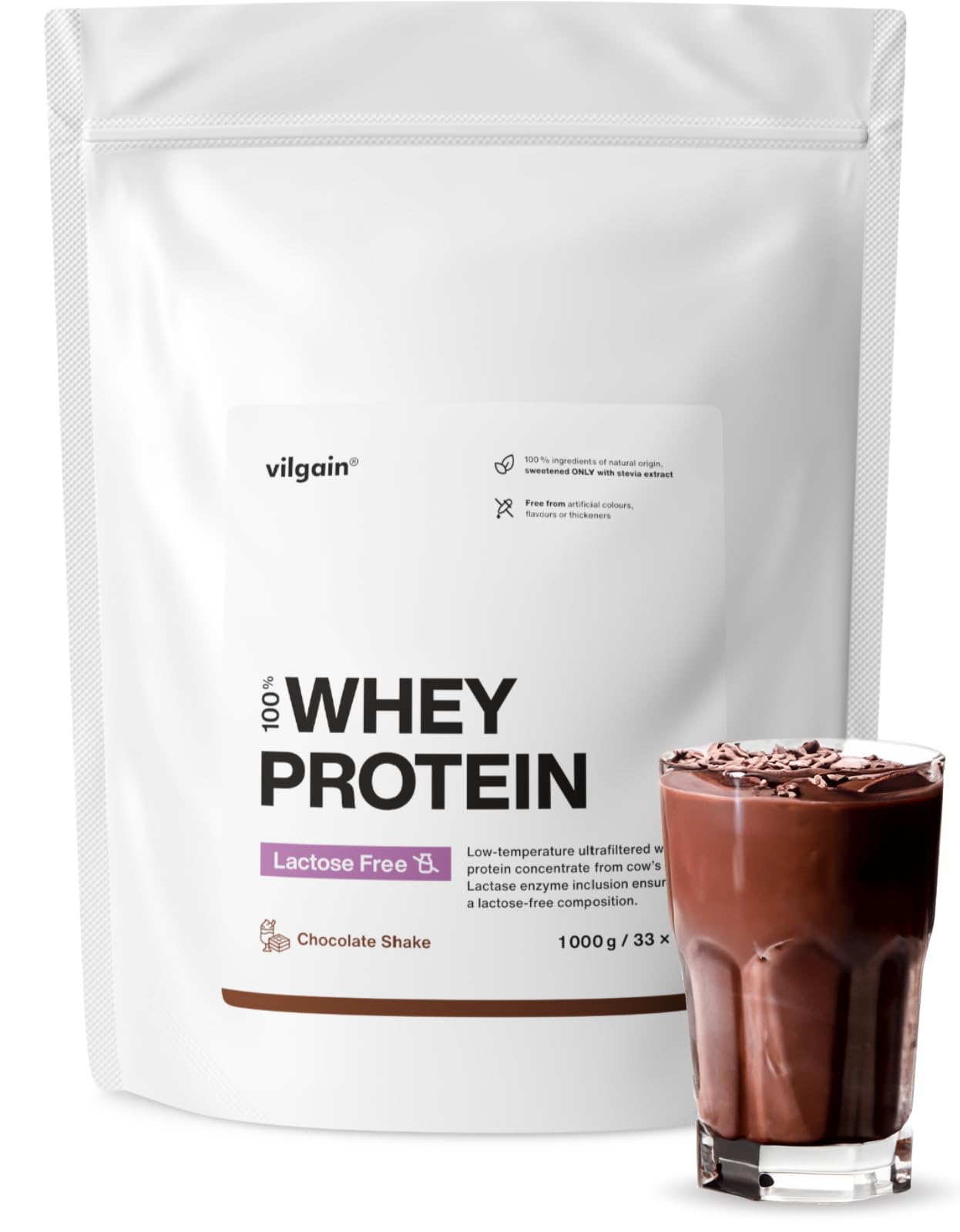 Vilgain Lactose Free Whey Protein Powder Chocolate Shake 1000g | 75% Protein | Low Temp Ultrafiltered Whey Concentrate | Stevia Sweetened | 22g Protein Per Serving | High BCAA Content