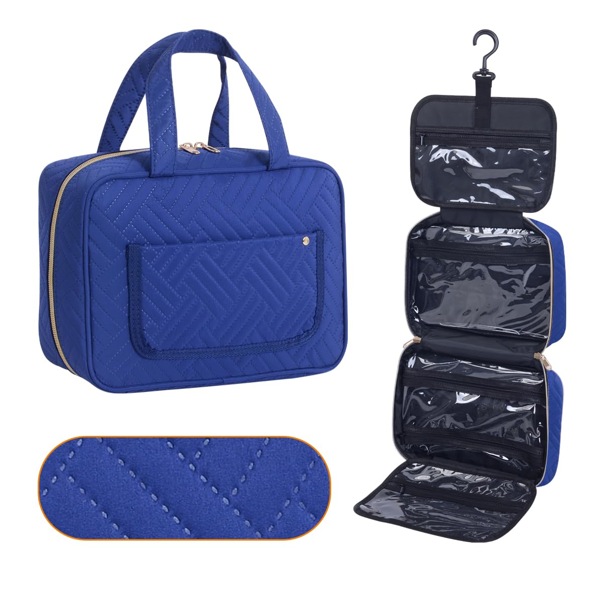 Neceser colgante para mujer, neceser cosmético, bolsa de viaje, color azul | Con ganchos, múltiples compartimentos, almacenamiento transparente para accesorios de maquillaje, viajes, gimnasio, natación