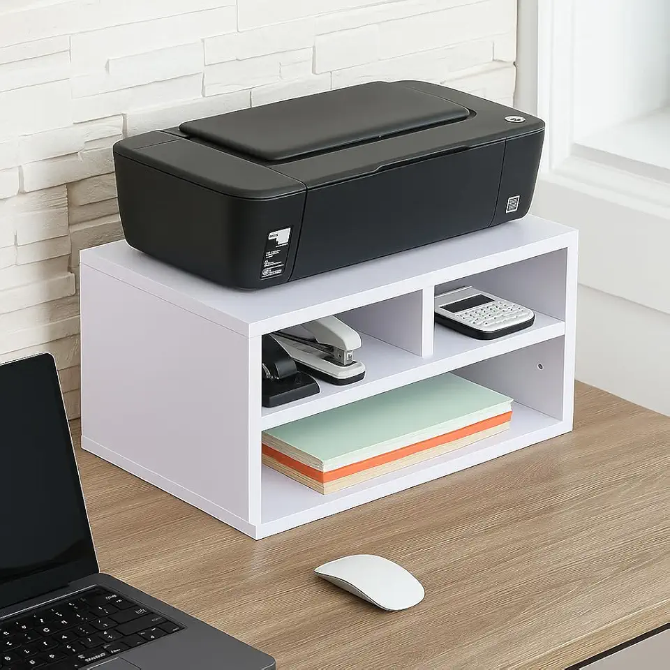 Suporte para Impressora com Prateleiras, Branco, Madeira, Organizador de Mesa para Escritório