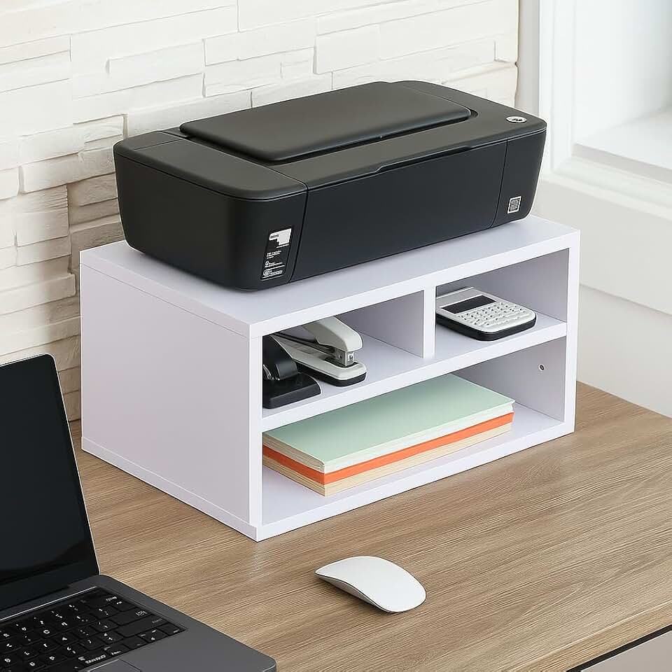 Suporte para Impressora com Prateleiras, Branco, Madeira, Organizador de Mesa para Escritório