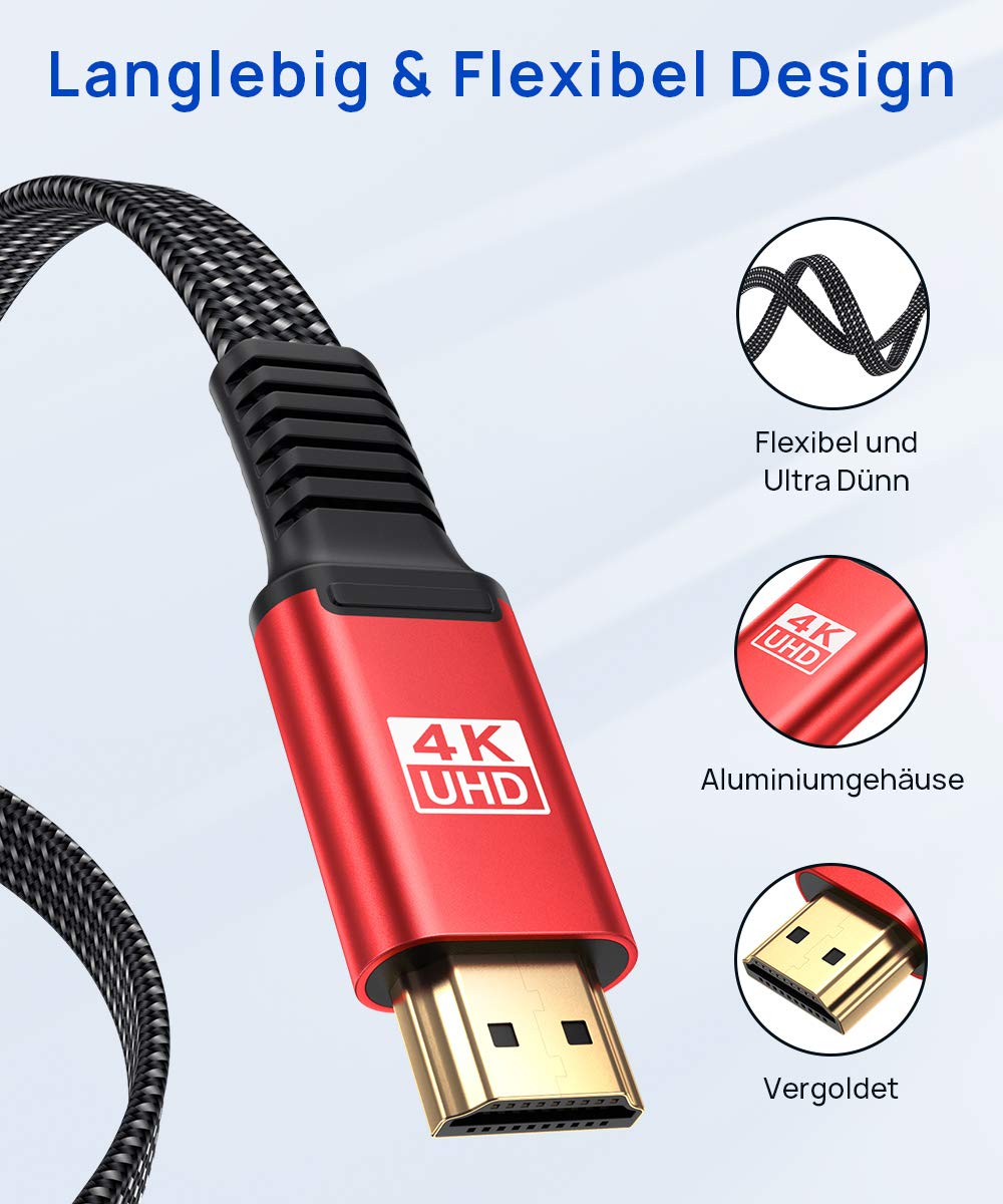 JSAUX Kabel HDMI 4K, 3 metry, płaski przewód HDMI 2.0 pleciony nylonowy uchwyt 4K@60 Hz 3D HDR UHD 2160p 1080p Ethernet ARC - Kabel HDMI do odtwarzacza Blu-Ray/ PS3/ PS4/ Netfix/Fire TV/Ekran