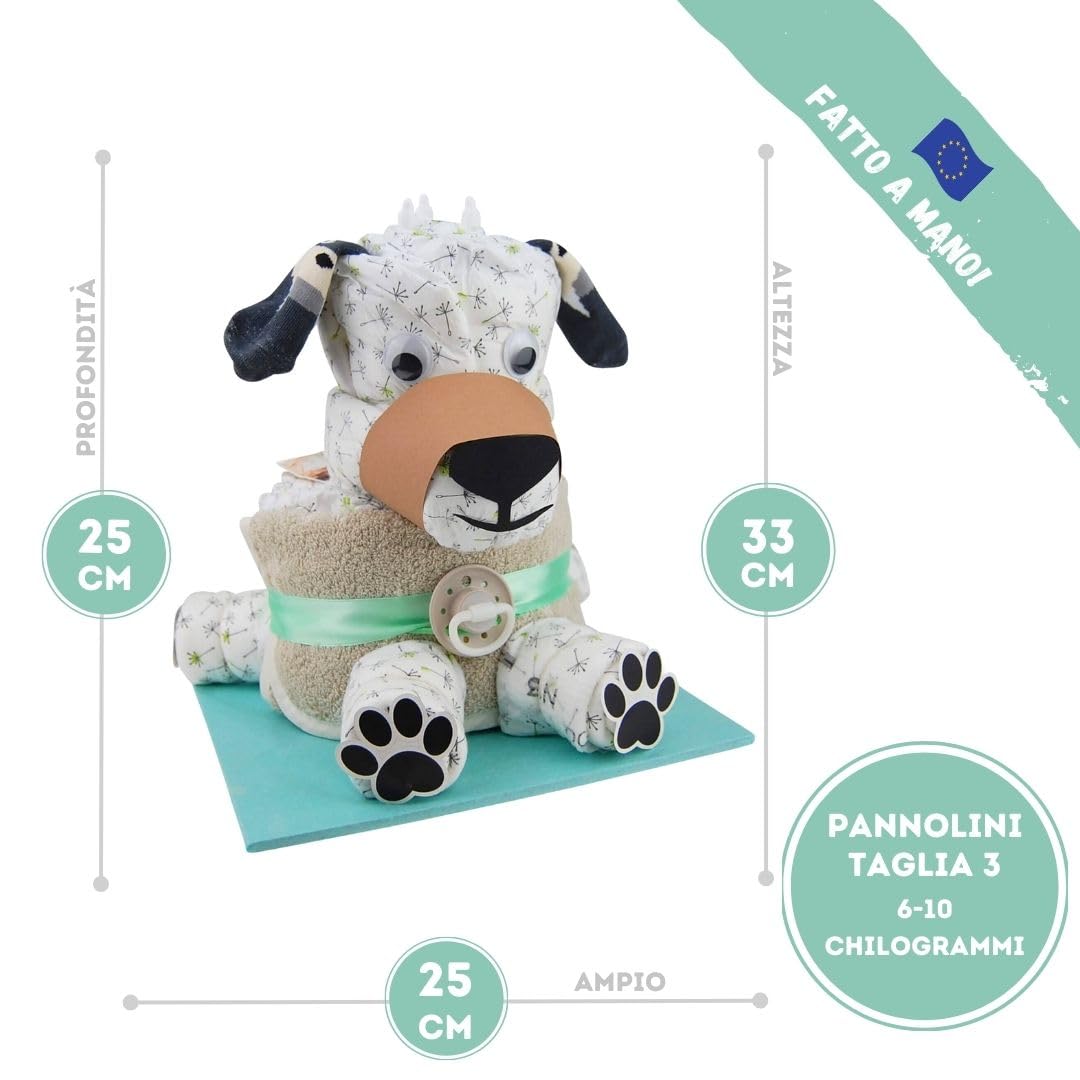 myBambini ® Torta di pannolini cane con muso amante degli animali - bambini e bambine - neutro unisex - regalo per la nascita - baby shower - bambino - prodotti per bambini - acquista torta