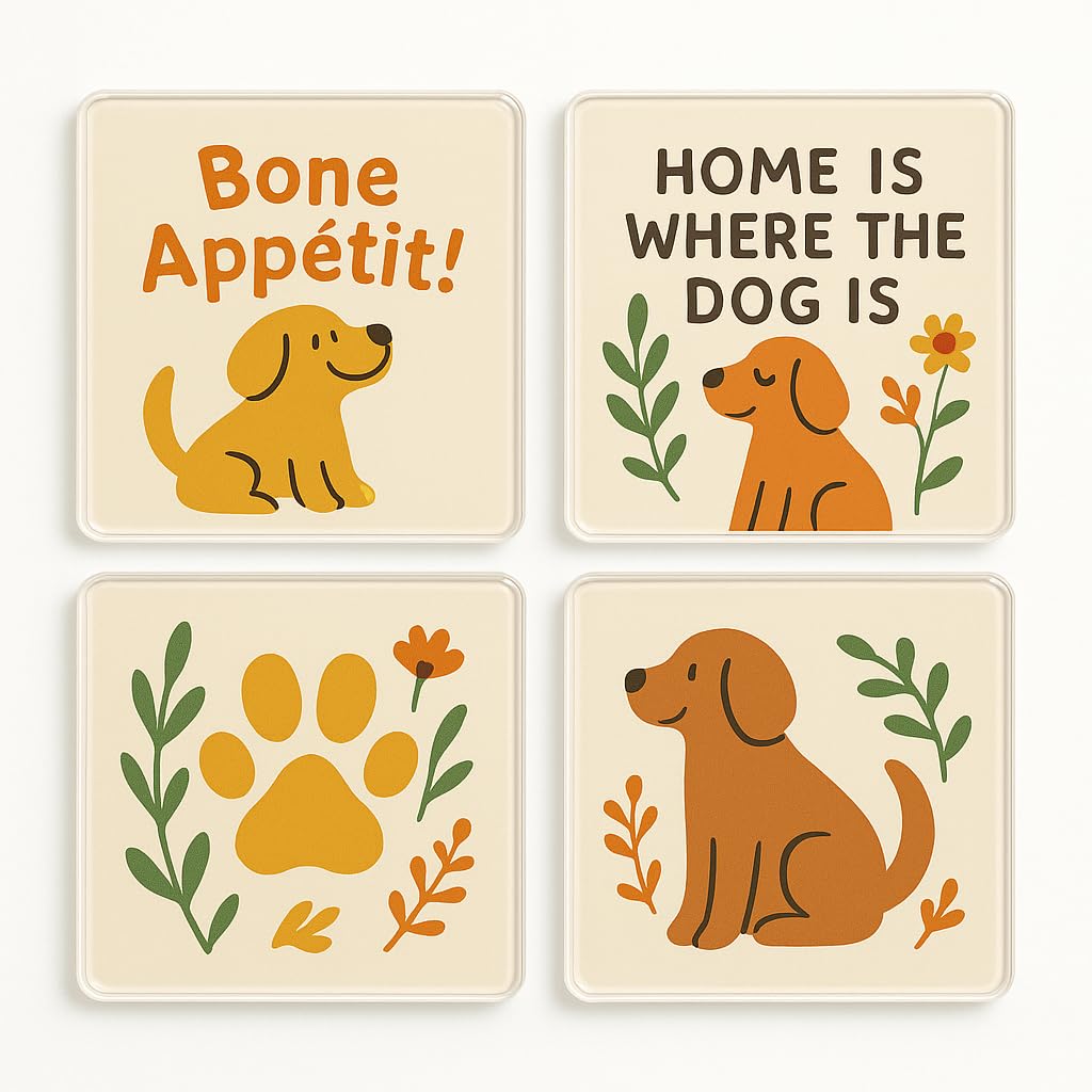 The Plum Penguin Whimsical Paws Acrylic Coaster Set Of 4 With Design - Enchanting Dog Lover Home Decor For Pet Parent Delight