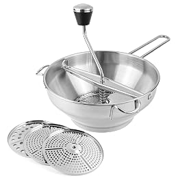 Stainless Steel Potato Ricer with 3 Interchangeable Discs – Heavy Duty Food Mill for Perfect Mashed Potatoes, Tomato Sauce, Canning, Baby Food