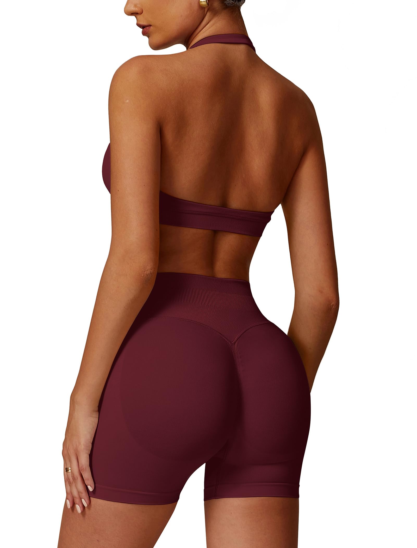 Odizli Damen Neckholder Sport BH + High Waist Shorts Zweiteiler Gym Workout Yoga Fitness Sportkleidung