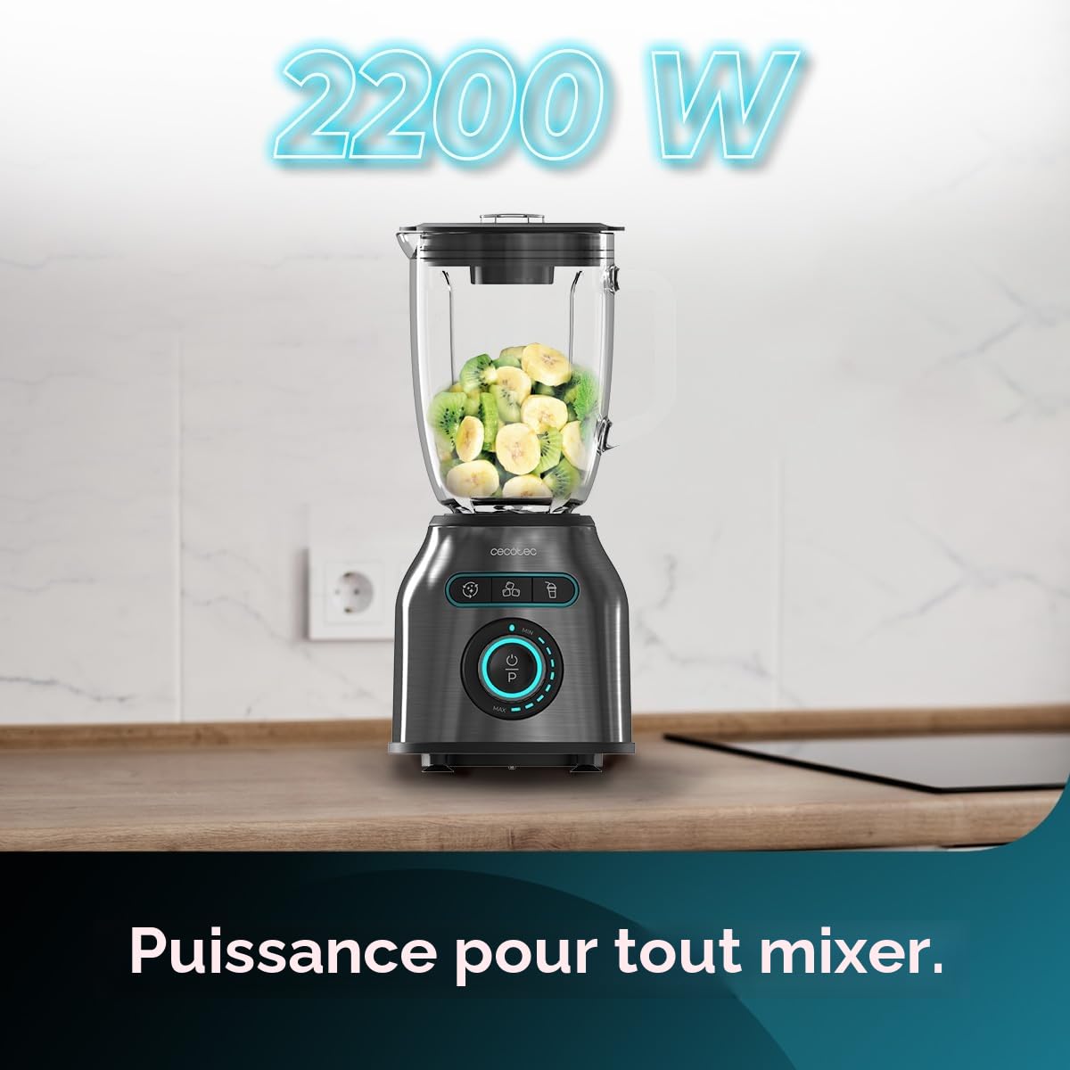 Cecotec Mixeur Blender Power Black Titanium 2200MAX Prodigy. 2200 W, 6 Lames en Acier Inoxydable, Hache-glace, Fonction Turbo, Fonction Smoothie, Fonction AutoClean