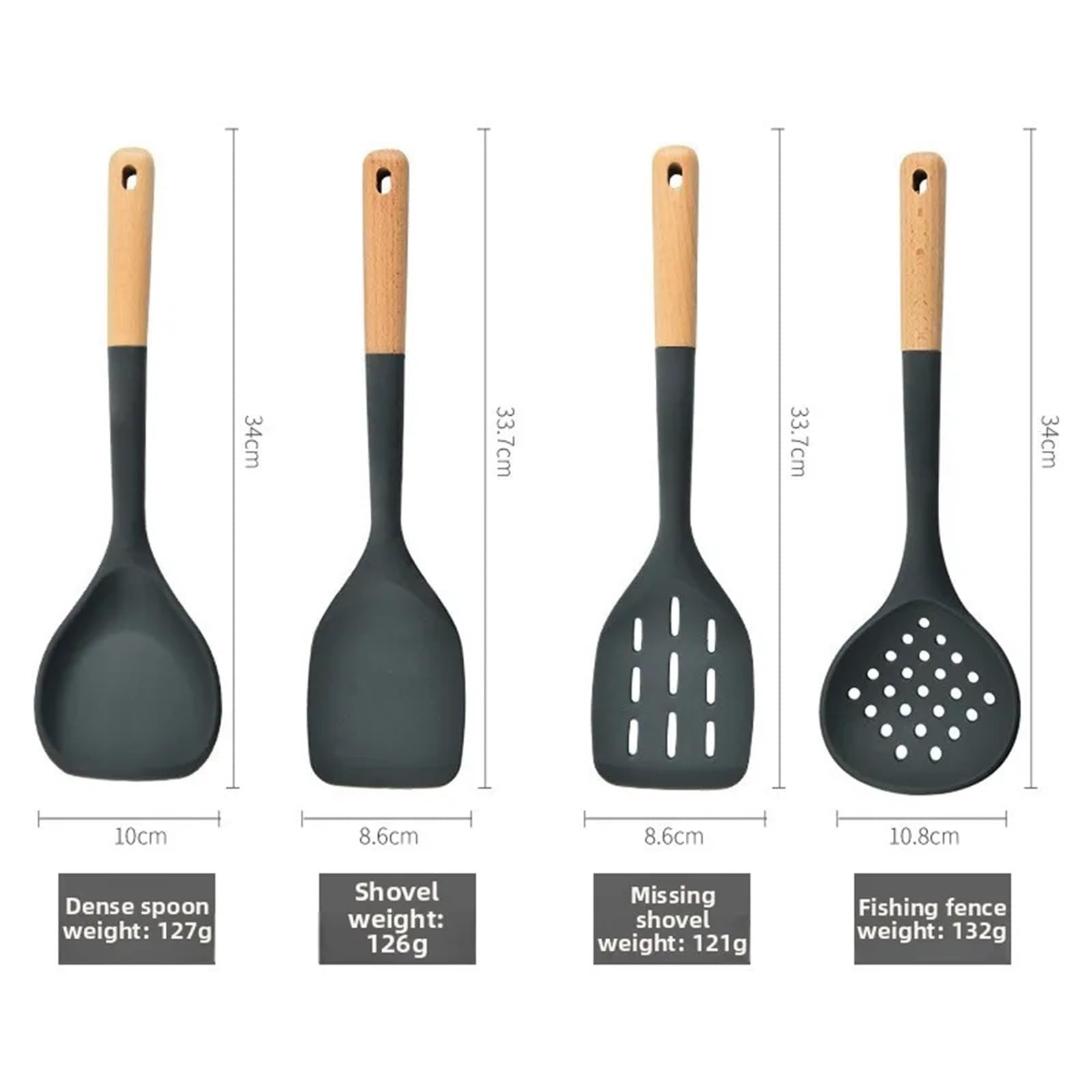 Ensemble d'ustensiles de cuisine en silicone 7 pièces avec poignées bois. Ustensiles : spatule, passoire, à friture Pour Cuisson