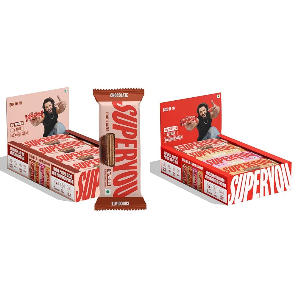 SuperYou Chocolate & Assorted Protein Wafer Bars Combo. 10g Protein, 3g Fiber, No Added Sugar, Vegetarian, No Palm Oil. 400g each.-image-25