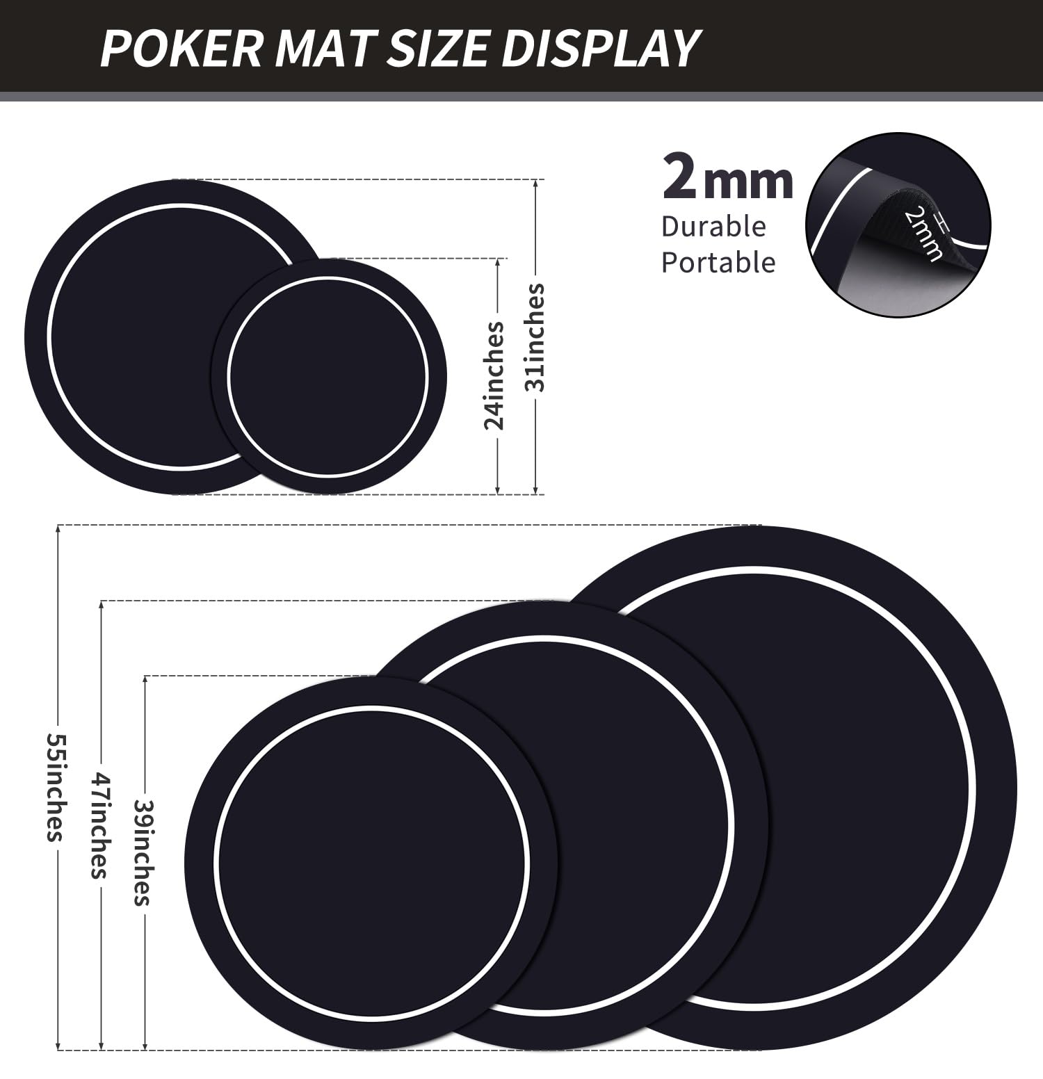 Texas Holdem Pokermatte 60/80/100/120/140cm Rund Tragbarer Pokertisch Pokerteppich Deco Layout Druck für 8 Spieler Spiellayout-Matte