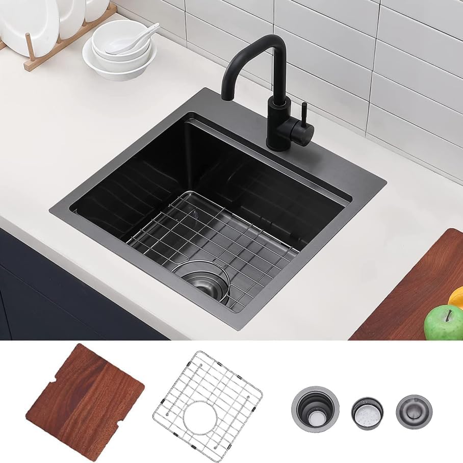 Schwarze Küchenspüle Aus Edelstahl – 53,3 X 50,8 Cm, Gunmetal Black, Mit Arbeitsplatten-Funktion