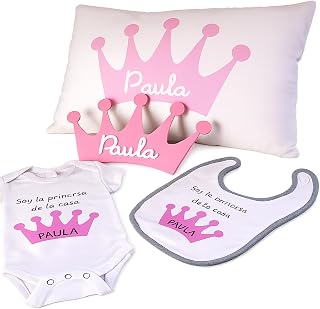 Canastilla bebé personalizada con placa decorativa, funda cojín, body y babero. Regalo original para un recién nacido niño y niña/Pack Corona o Nube
