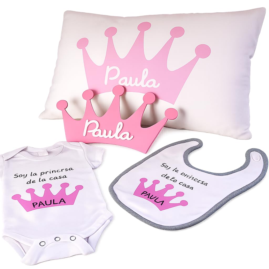 Canastilla bebé personalizada con placa decorativa, funda cojín, body y babero. Regalo original para un recién nacido niño y niña/Pack Corona o Nube