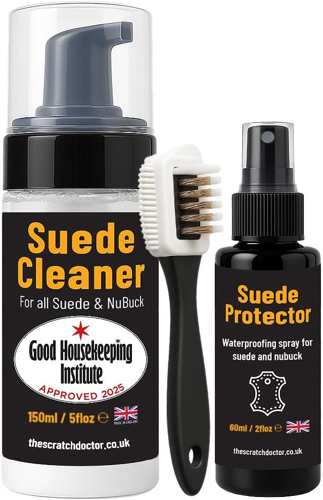 The Scratch Doctor Suede & Nubuck Complete Care Kit Cleaner Foam Protector Spray Professional Wire Brush Included for use on Shoes Boots Bags Jackets, Clear, One Size