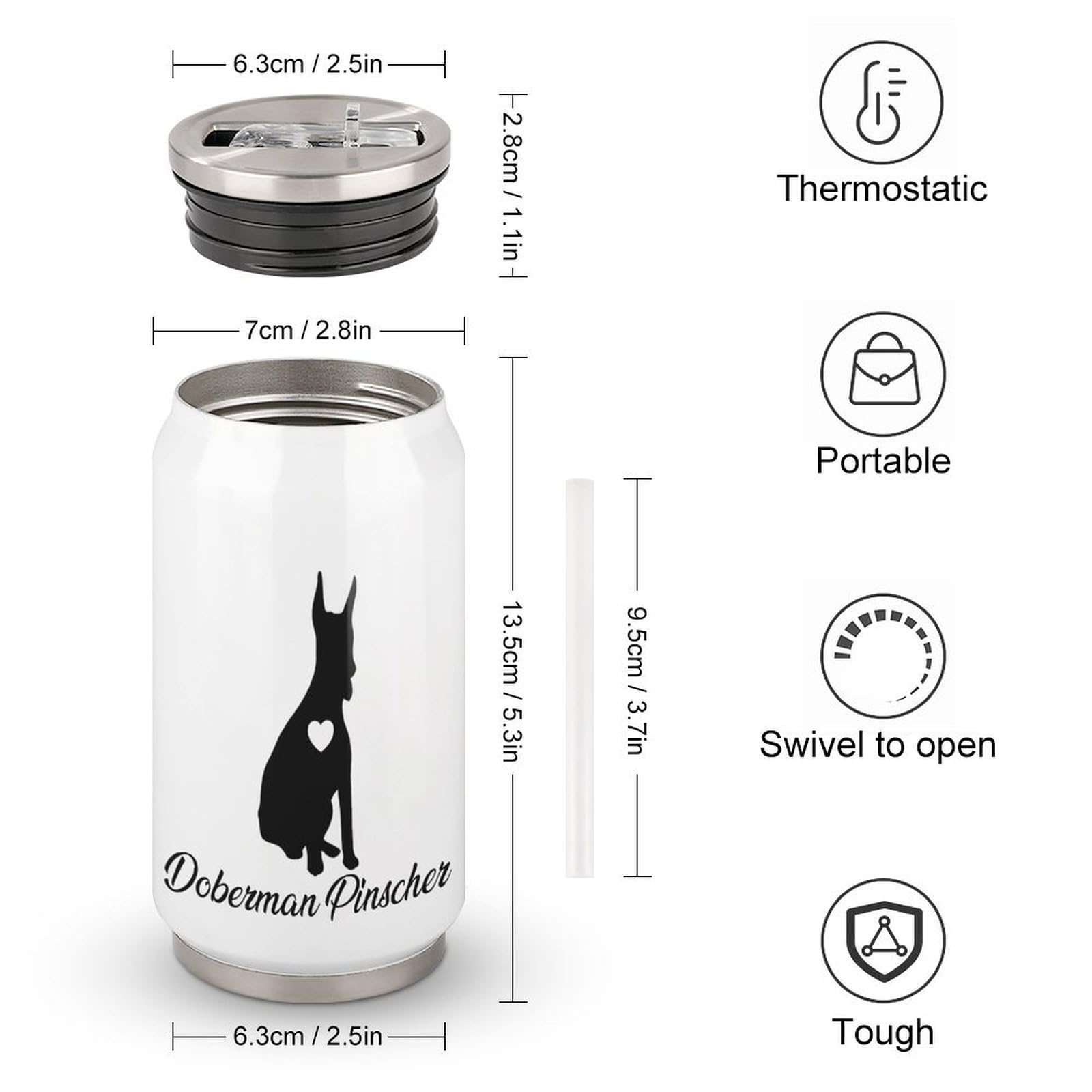 Pet Dog Cups,Doberman Pinscher Cup Stainless Steel Travel Tumbler with Lid And Straw, Travel Drinking Botter Water Glasses Keeps Drinks Cold & Hot,300ml