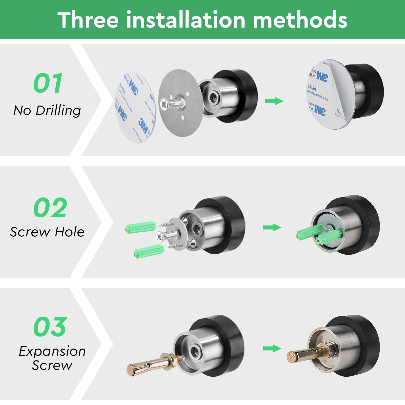 SWAWIS 12 Piezas Tope de Puerta para Suelo ø 32mm Altura 45 mm, Tope de Puerta para Suelo Adhesivo Acero Inoxidable con Tornillos y Tira Adhesiva 3M, 3 Métodos de Instalación