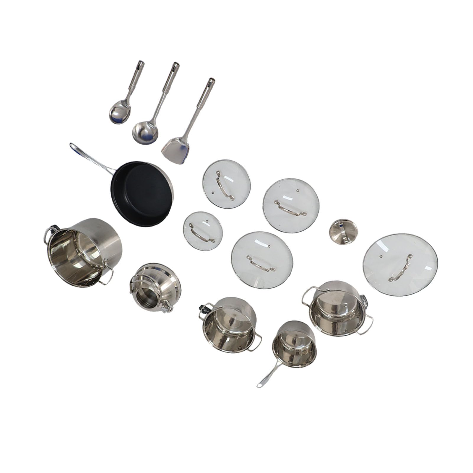 SIXRUN Juego de Utensilios de Cocina de Acero Inoxidable, Juego de Ollas y Sartenes de 15 Piezas con Tapas de Vidrio, 3 Cacerolas, Sartén, Olla para Leche, Utensilios de Cocina de Fondo Plano para