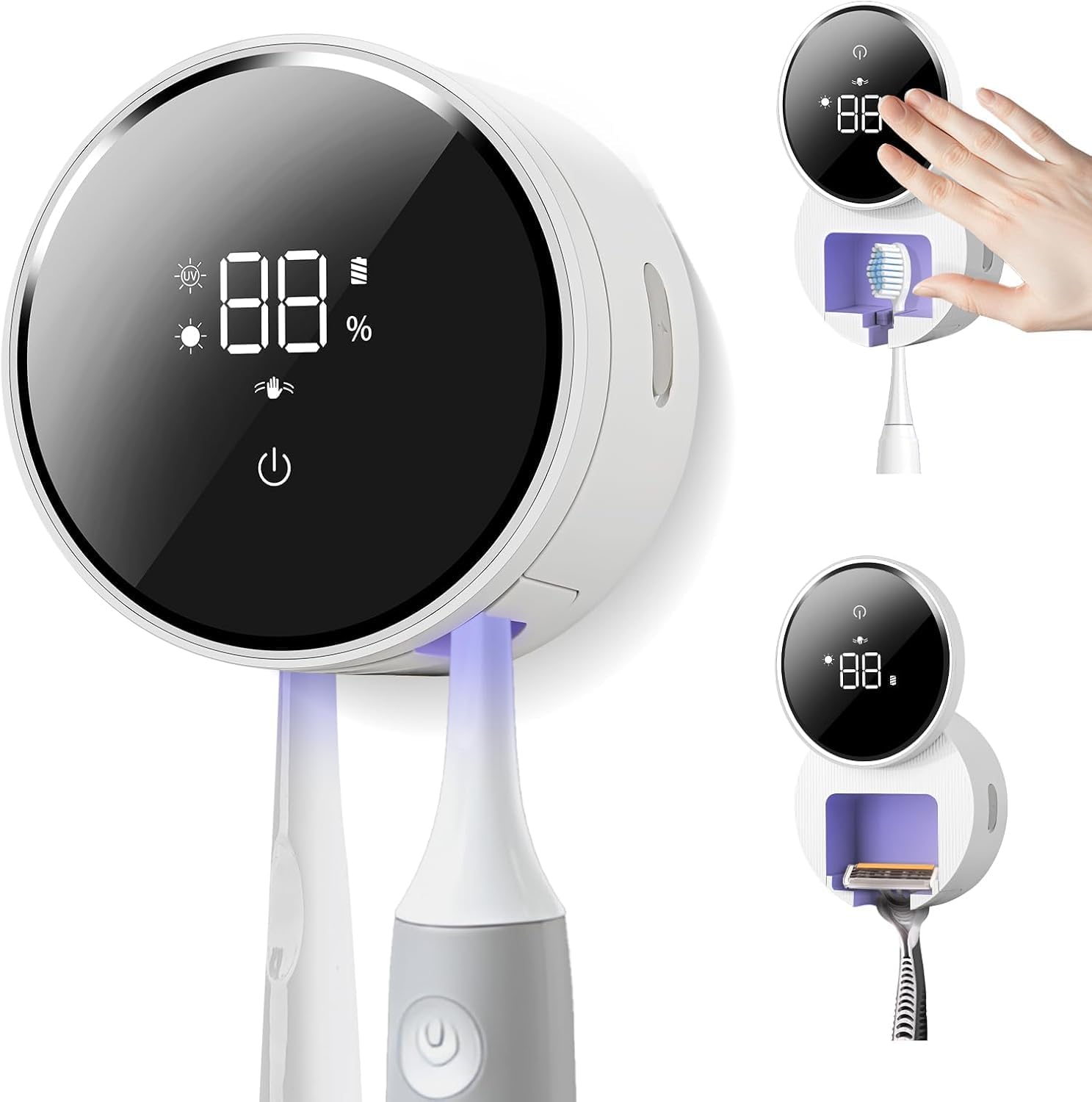 Wall Mounted Toothbrush Holder & Toothbrush Cleaner,Electric ToothBrush Holder, Razor Holder and Cleaner for Bathroom Accessory, with Auto Inductive Open/Close Cover, Clean, Dry for Home, Travel