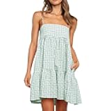 Women's Summer Dress Boho Plaid Mini Dress Trendy Spaghetti Strap Picnic Vacation Outfits Teen Girls A-Line Sundress