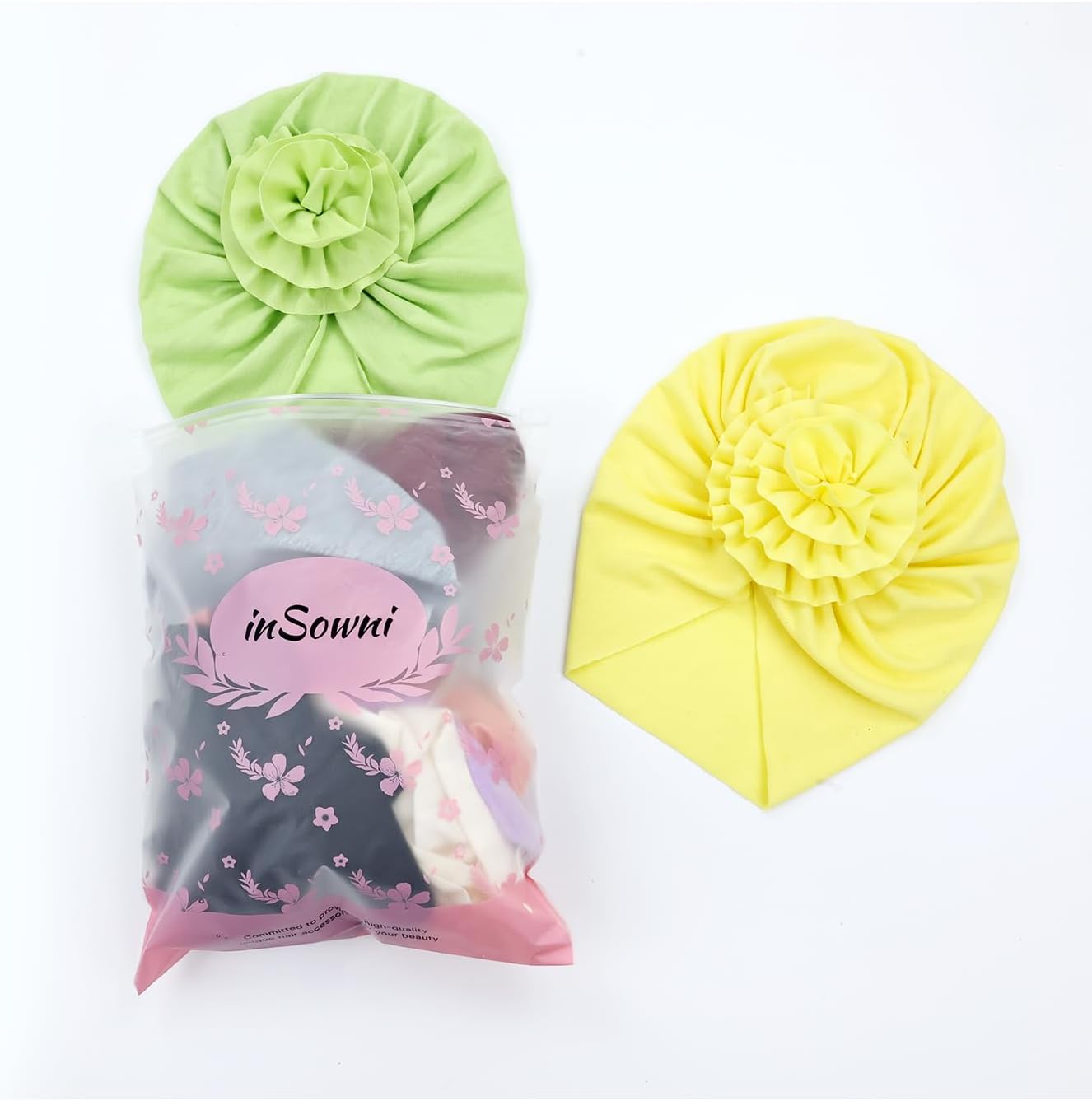 inSowni 8 Pack Solid Nursery Hospital Turban Hat Cap Beanie Bonnet with Big Flower for Baby Girls Toddlers Newborns Infants - Image 7