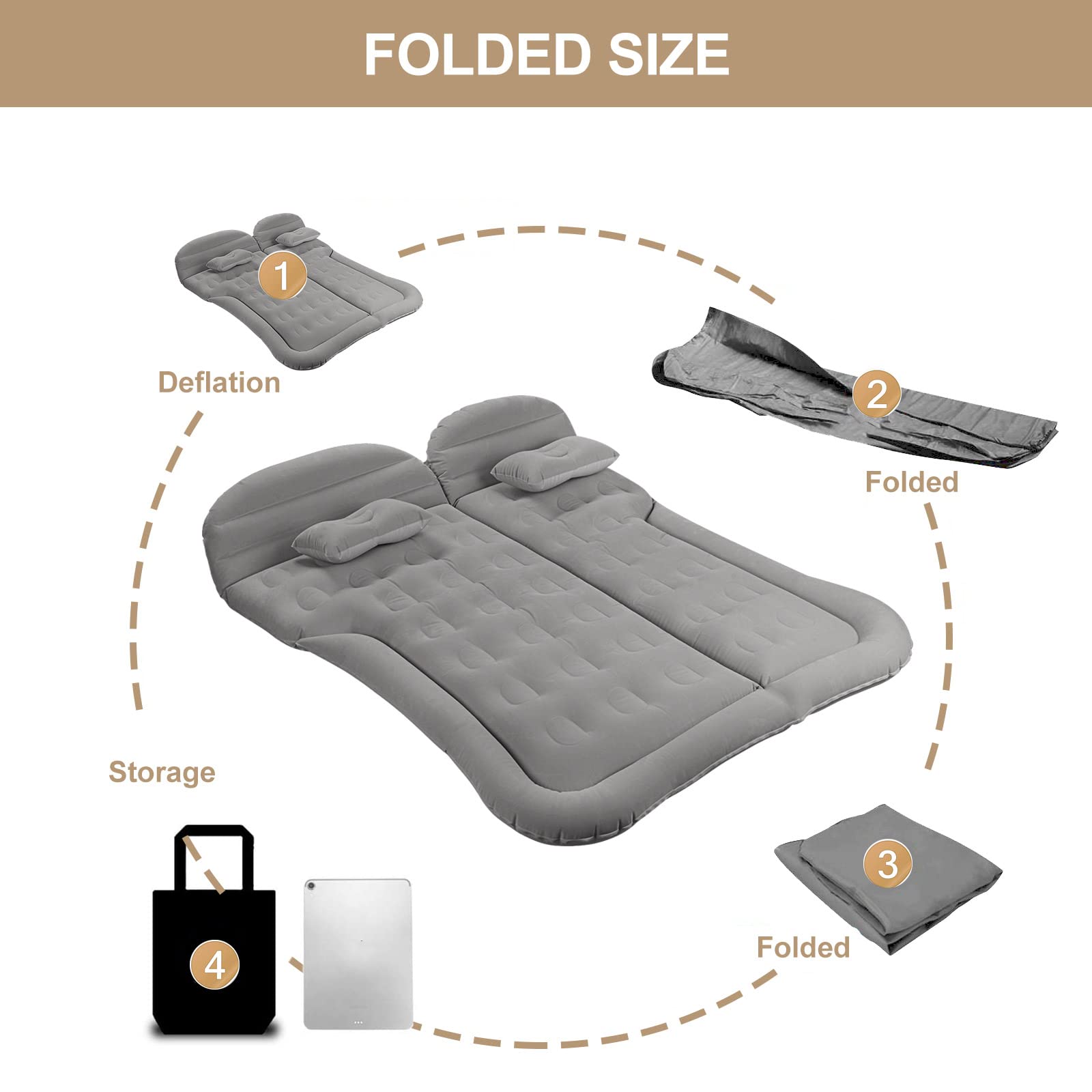 Materasso Auto, 175 * 130cm Materasso ad Aria SUV con Pompa ad Aria e 2 Cuscini, Materassino ad Aria Gonfiabile per Auto Ispessito Floccato per Viaggi, Campeggio (Grigio)