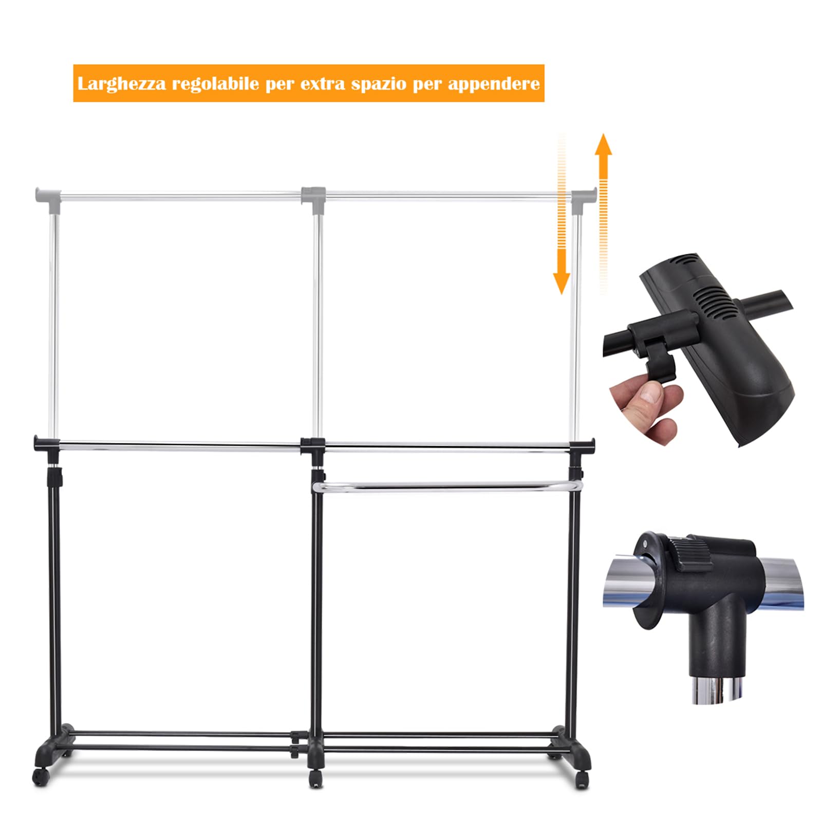 COSTWAY Stand Appendiabiti Attaccapanni da Terra, Porta Abiti con Ruote, in Acciaio, Design Regolabile e Salvaspazio, (91-160) x 43 x (93-168) cm, Nero