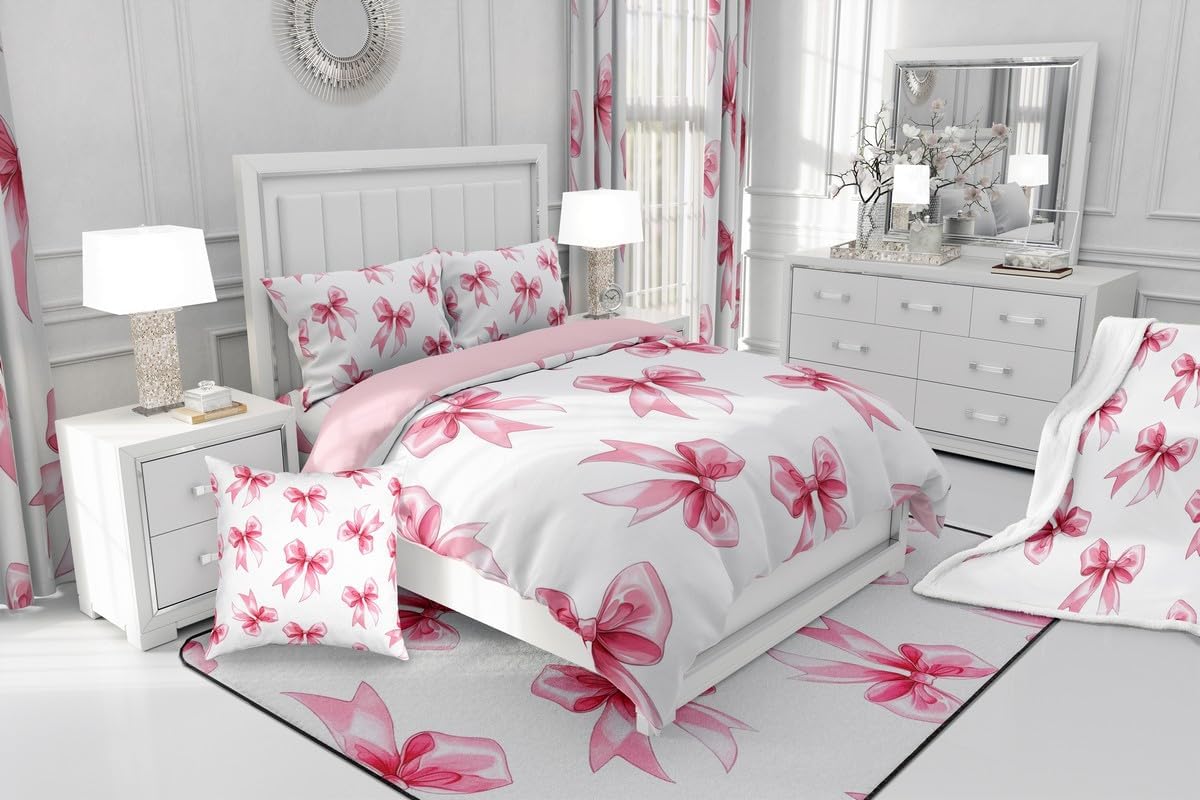 Manfei Pink Bowknot Bedspread Twin Size,Girly Bow Love Heart Bedding for Kids Teens Bedroom Decor,Dreamy Princess Style Coverlet Set,White Pink Quilt Set for All Season,2 Pcs with 1 Pillowcase
