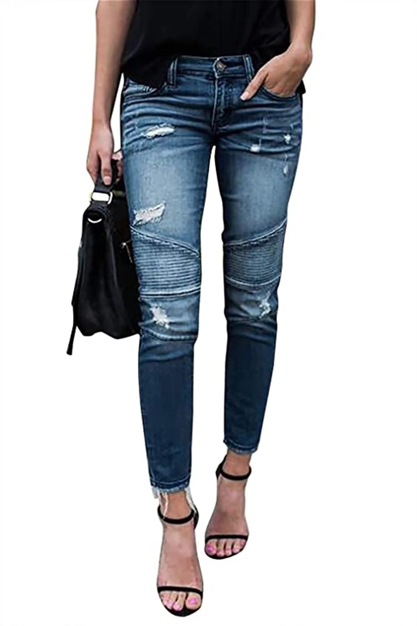 HYCYYFC Zerrissene Damen-Jeans mit hoher Taille und ausgefranstem, ungesäumtem Saum, Skinny-Denim-Hose mit Tasche